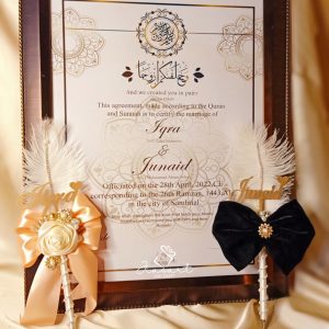 Gold Nikkah Nama with Brown Frame With Couple Pens
