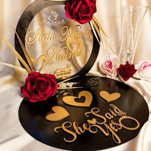 Engagement Acrylic Tray in black & Gold with Red Flowers