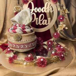 Doodh pilai Matka with tray in mehroon and golden